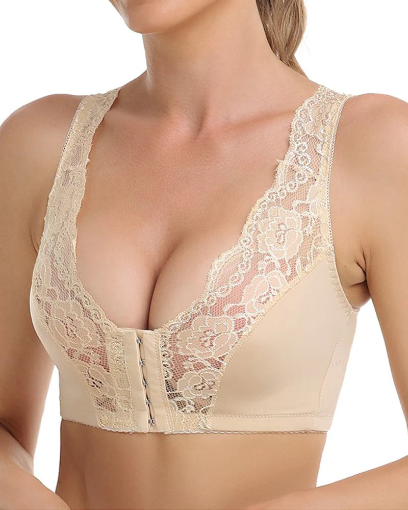 Breathable Lace Front Closure Wire-free Smooth Back Shaping Bra  - By Qivii
