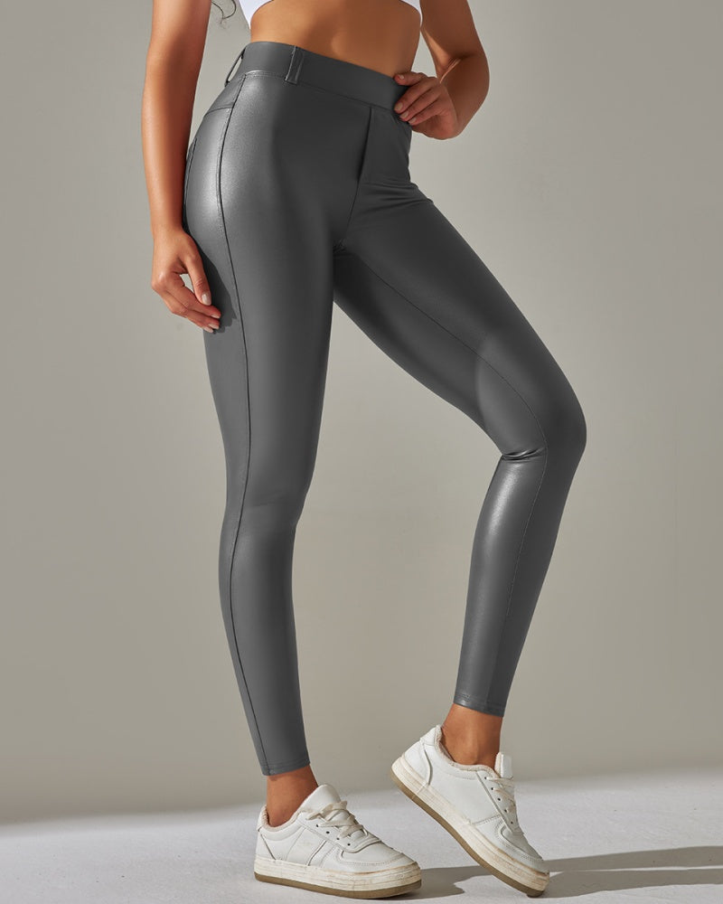 PU leather Pants High Waist Tight Sports Yoga Pants Slim  - By Qivii