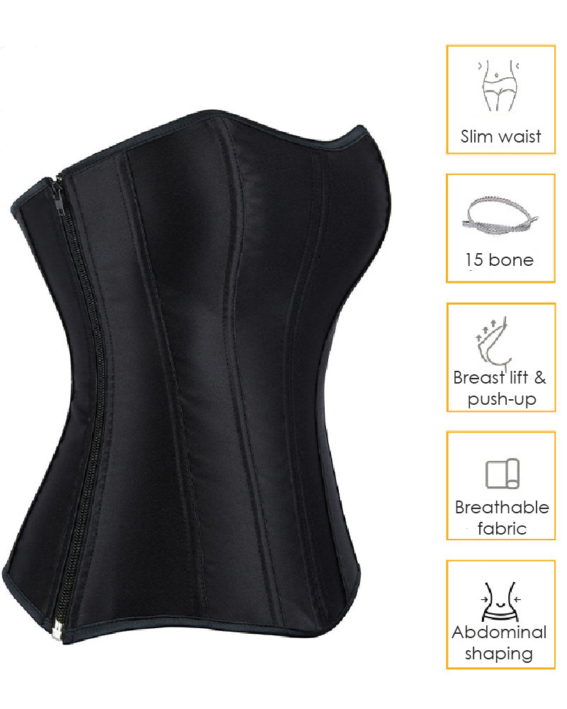 Shapshe® Women's Satin Lace Up Boned Corset Top Overbust Side Zipper Waist Trainer  - By Qivii