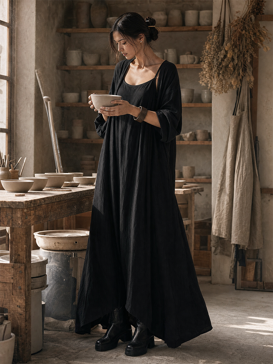 Women's Flowy Fake Two‑Piece Linen‑Blend Maxi Dress For Vacation MDZ0365I7LYL