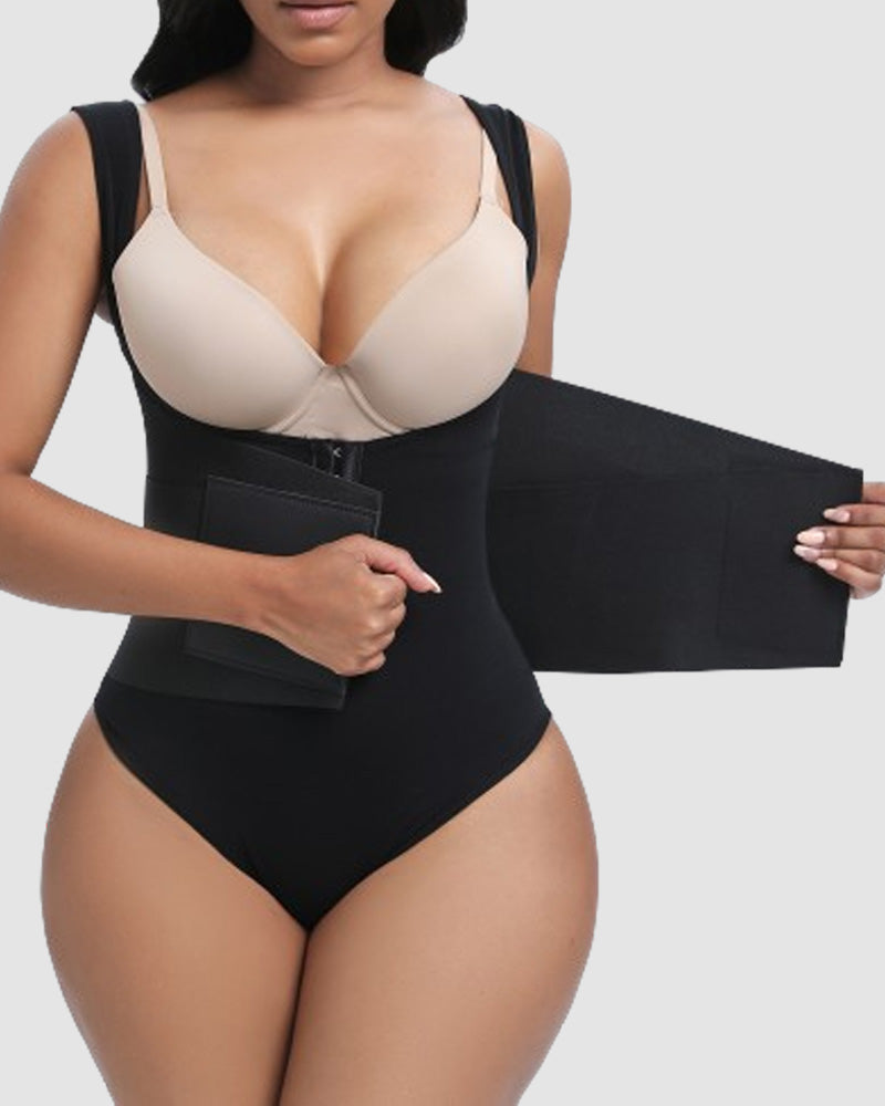 Women Low Back Tummy Control Thong Bodysuit Shapewear with Reinforced belt  - By Qivii