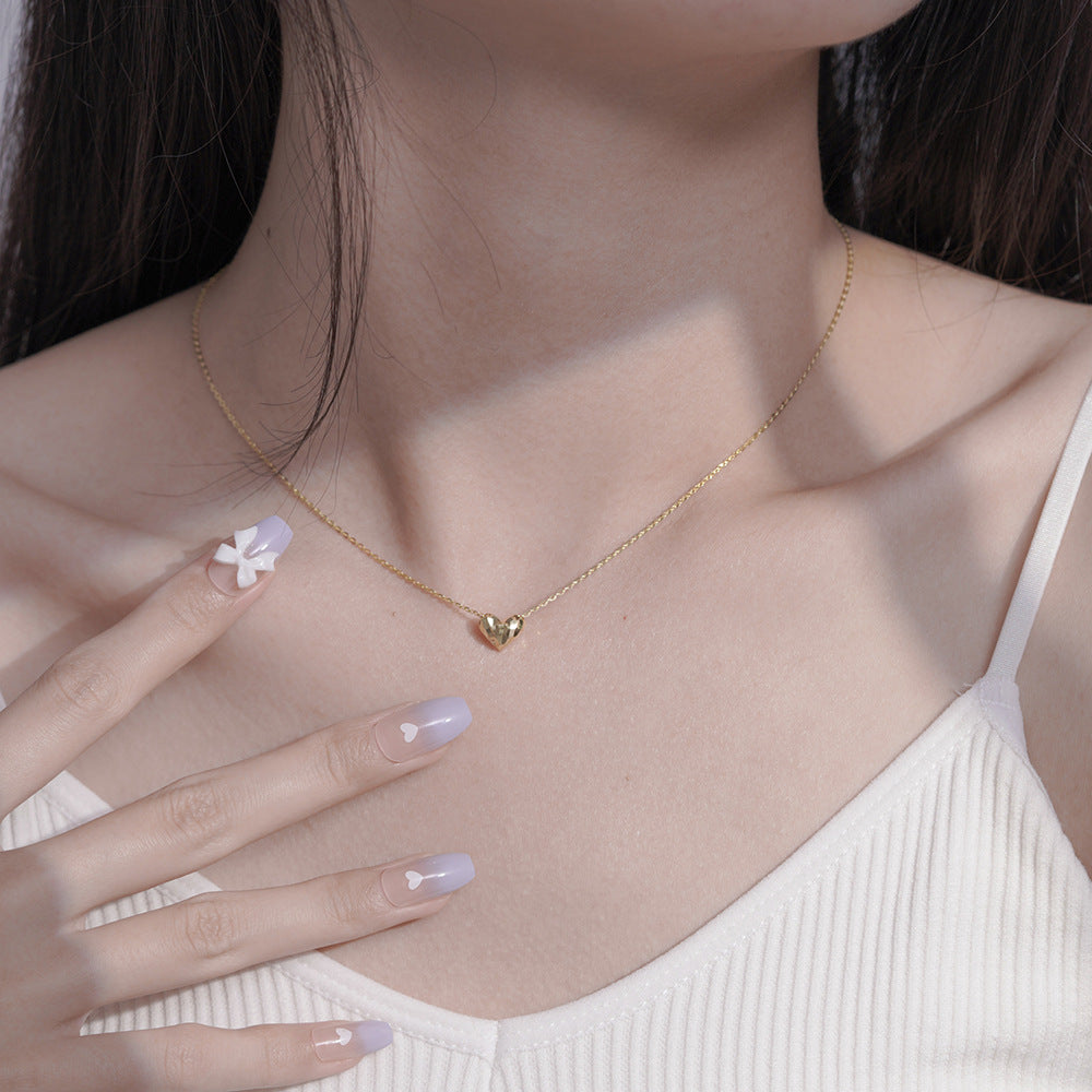 S925 Sterling Silver Three-dimensional Love Pendant Heart-shaped Collarbone Necklace