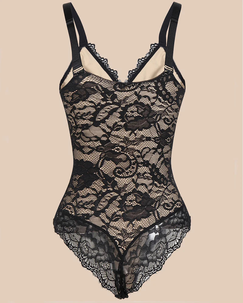 Sexy One Piece Deep V Neck Backless Tank Tops Lace Thong Shapewear Bodysuit  - By Qivii