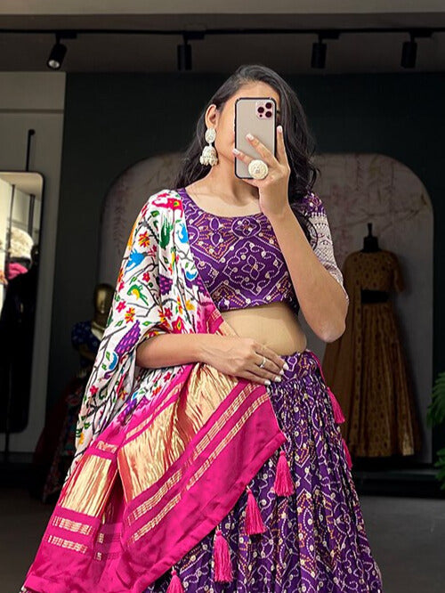 Viscose Dola Silk Printed With Zari Weaving Work Lehenga Choli in Purple Color