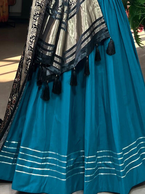 Pure Cotton Lehenga and the Lustrous Allure of Gaji Silk Dupatta in Blue Color