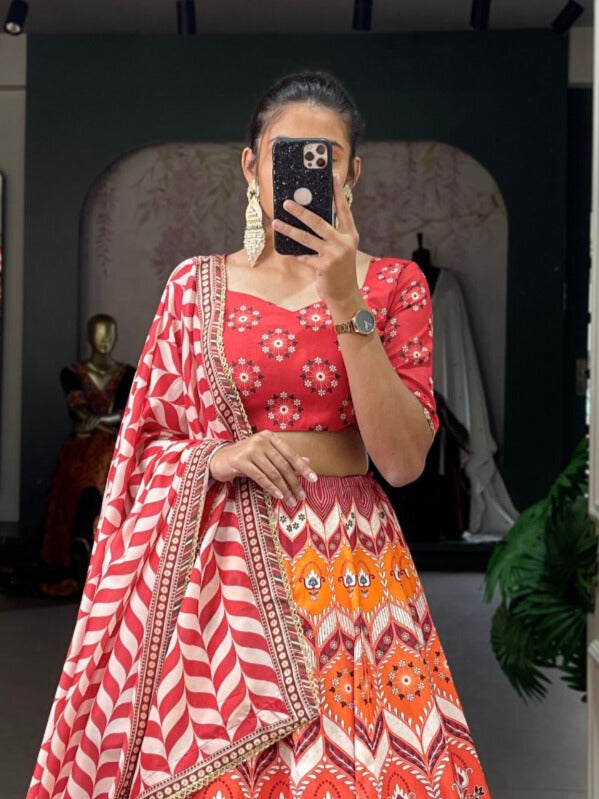 Vaishali silk Printed With Lace Border Lehenga Choli In Red Color