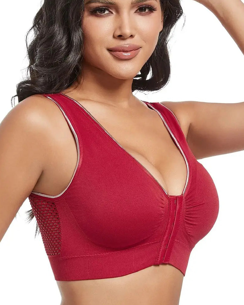 Women's Plus Size Front Buckle Solid Hollow Breathable Wireless Sports Bra  - By Qivii