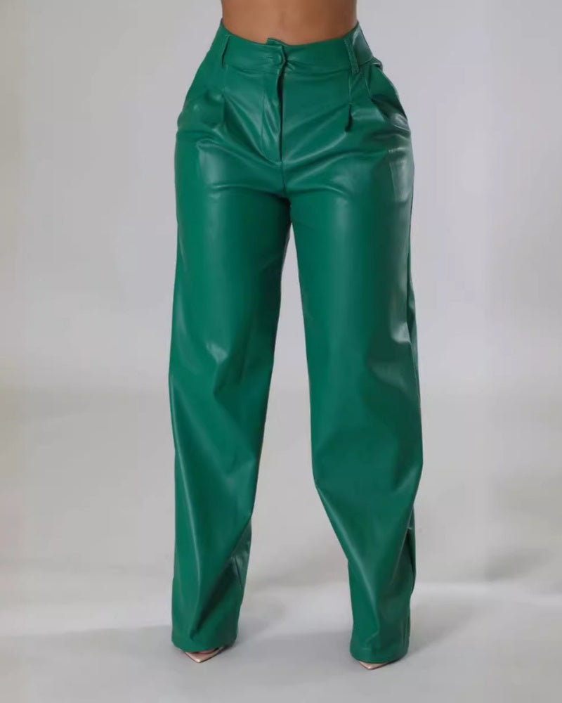 PU Leather Loose Wide-leg Pocket Casual Leather Pants  - By Qivii