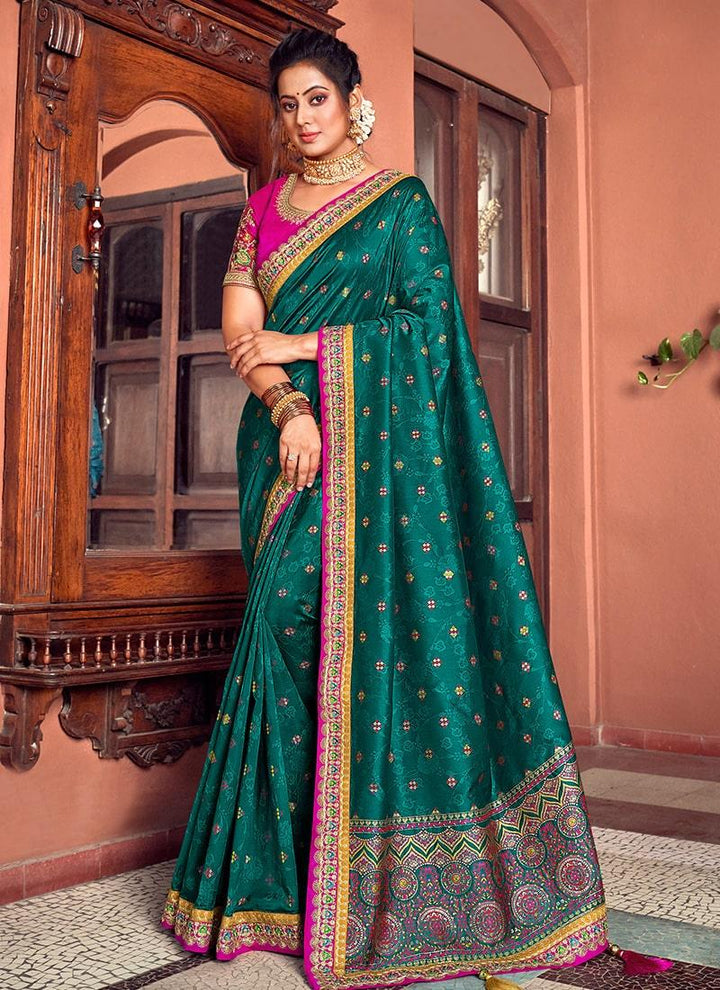 Fabulous Double Blouse Concept Embroidery Work Teal Green Color Saree  - By Kreeva