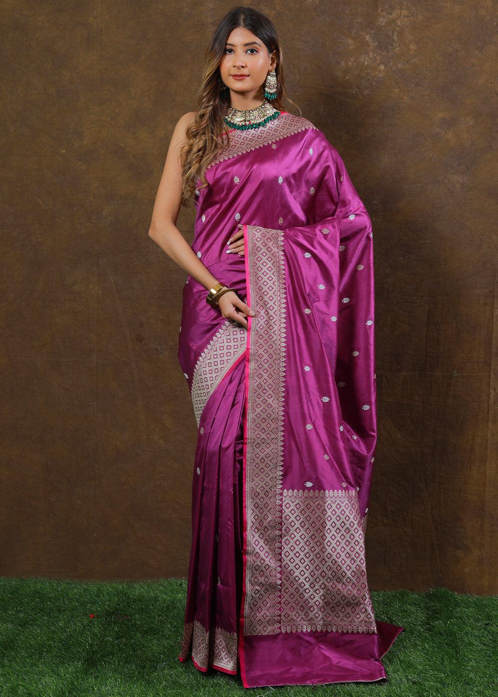 Fandango Purple Hand Woven Pure Katan Silk Saree | Stitched Blouse - qivii