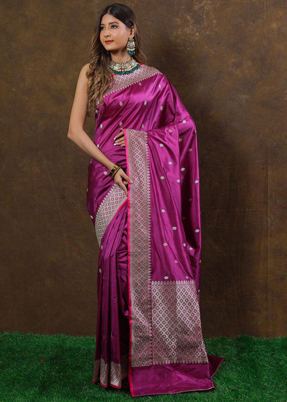 Fandango Purple Hand Woven Pure Katan Silk Saree | Stitched Blouse - qivii