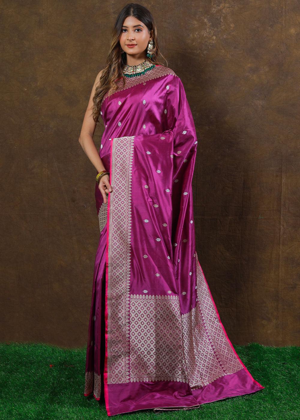 Fandango Purple Hand Woven Pure Katan Silk Saree | Stitched Blouse - qivii