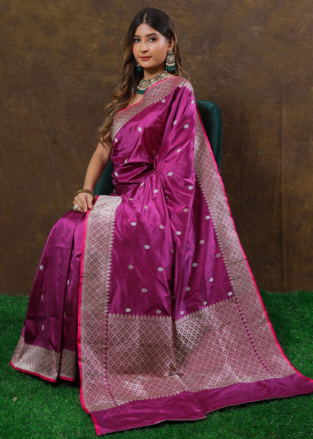 Fandango Purple Hand Woven Pure Katan Silk Saree | Stitched Blouse - qivii