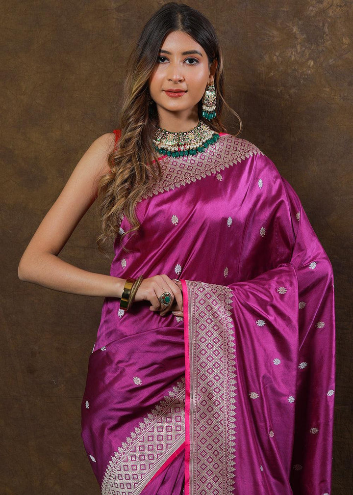 Fandango Purple Hand Woven Pure Katan Silk Saree | Stitched Blouse - qivii