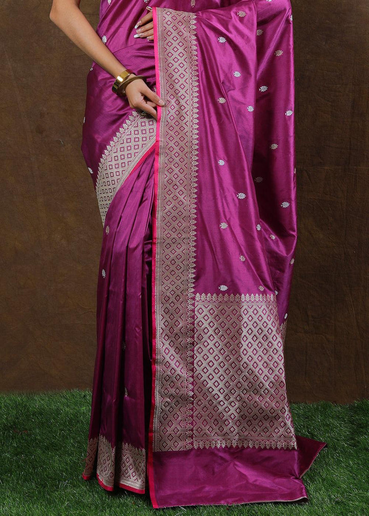 Fandango Purple Hand Woven Pure Katan Silk Saree | Stitched Blouse - qivii