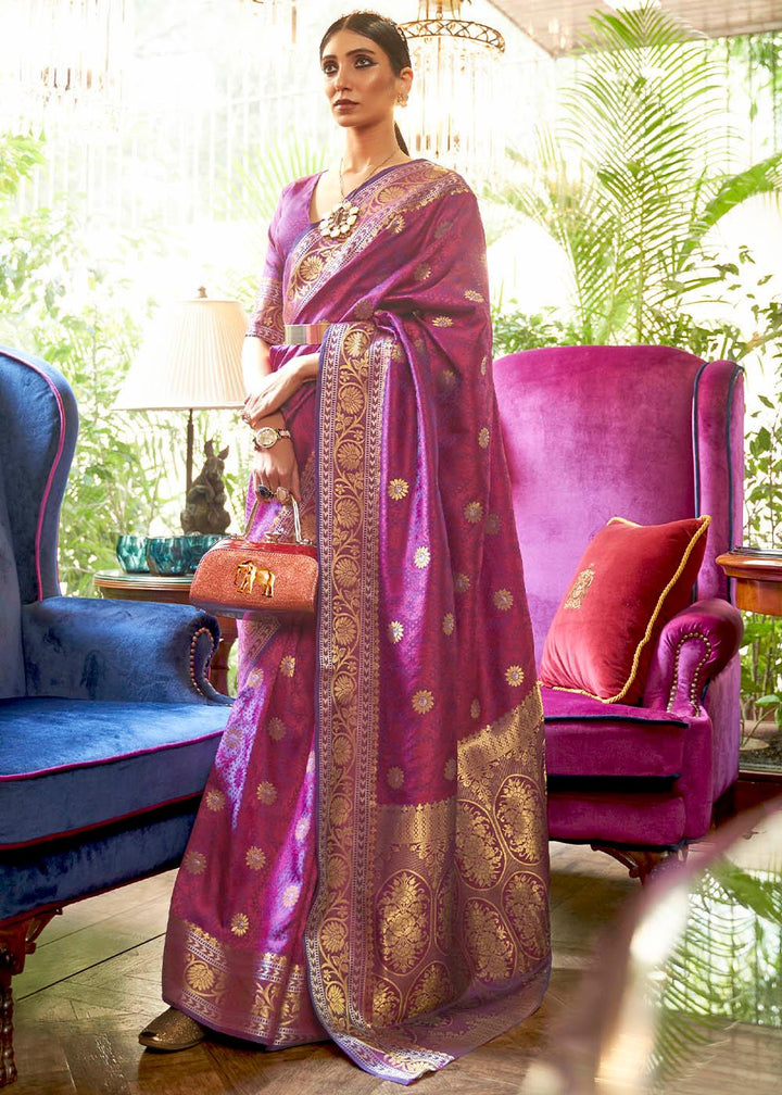 Fandango Purple Kanjivaram Silk Saree Woven with Silver & Golden Zari | Stitched Blouse - qivii