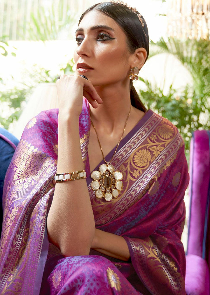 Fandango Purple Kanjivaram Silk Saree Woven with Silver & Golden Zari | Stitched Blouse - qivii