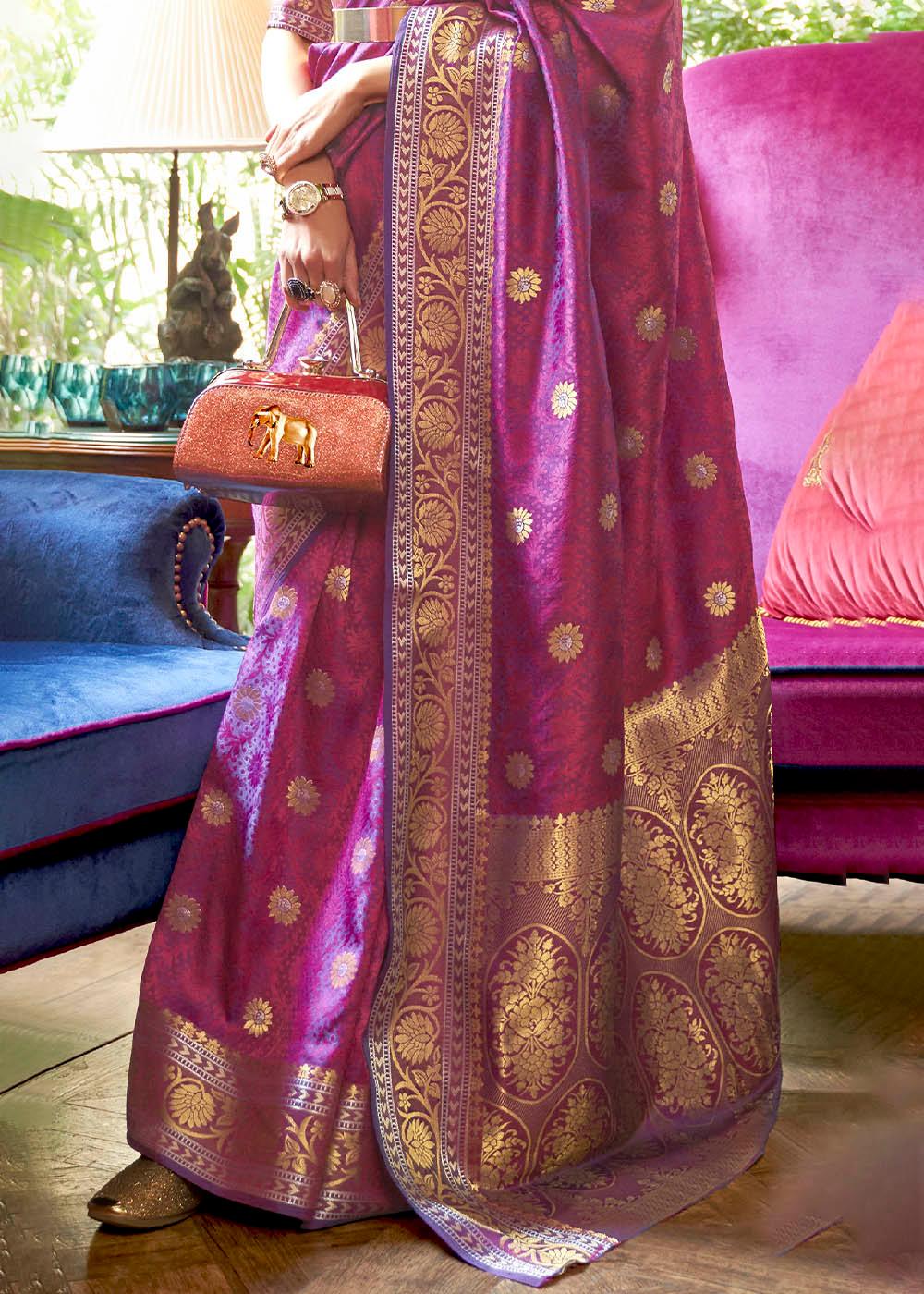 Fandango Purple Kanjivaram Silk Saree Woven with Silver & Golden Zari | Stitched Blouse - qivii