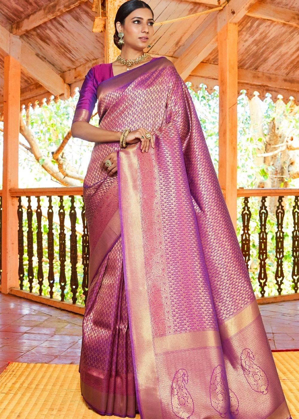 Fandango Purple Woven Kanjivaram Saree:Limited Edition | Stitched Blouse - qivii