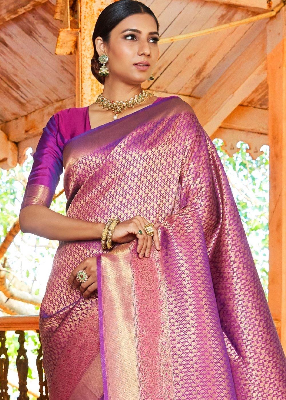 Fandango Purple Woven Kanjivaram Saree:Limited Edition | Stitched Blouse - qivii