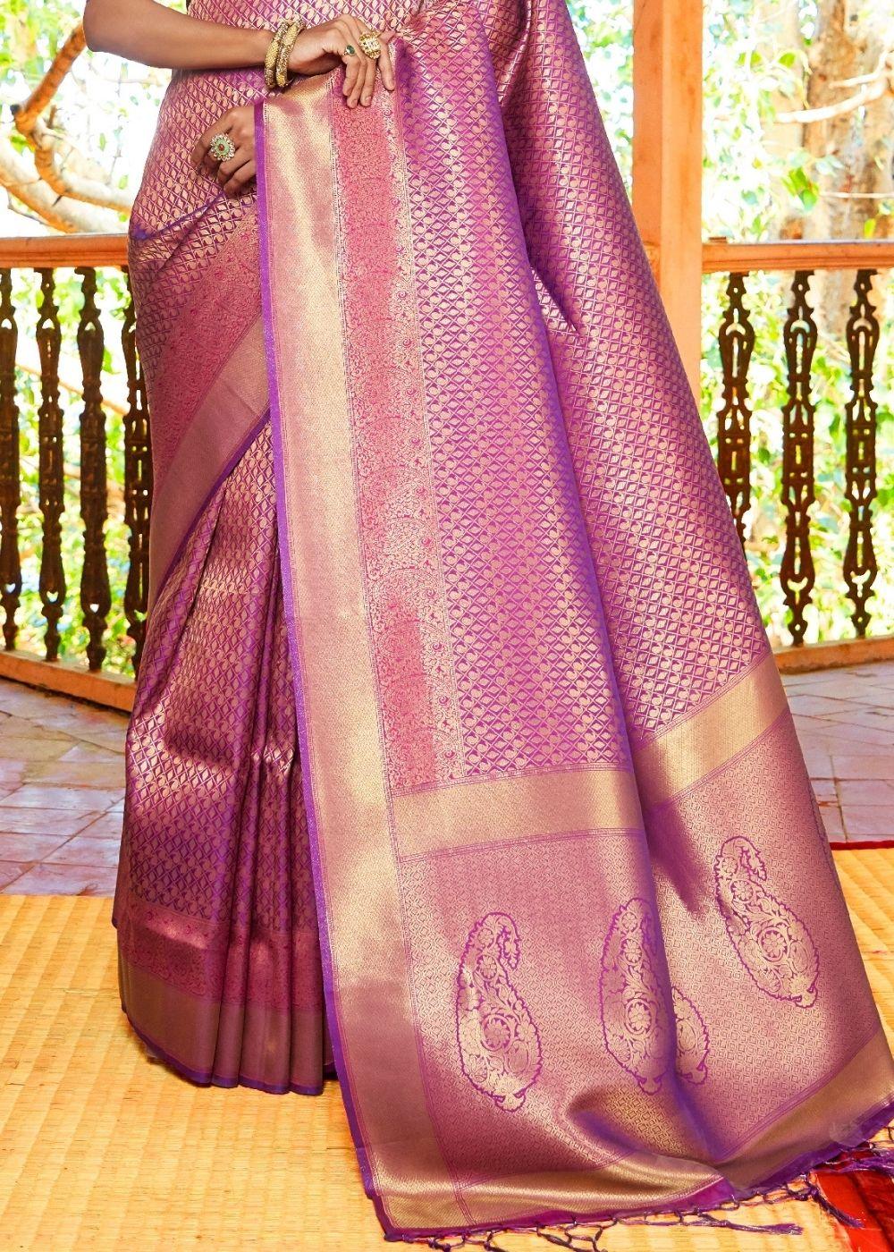 Fandango Purple Woven Kanjivaram Saree:Limited Edition | Stitched Blouse - qivii