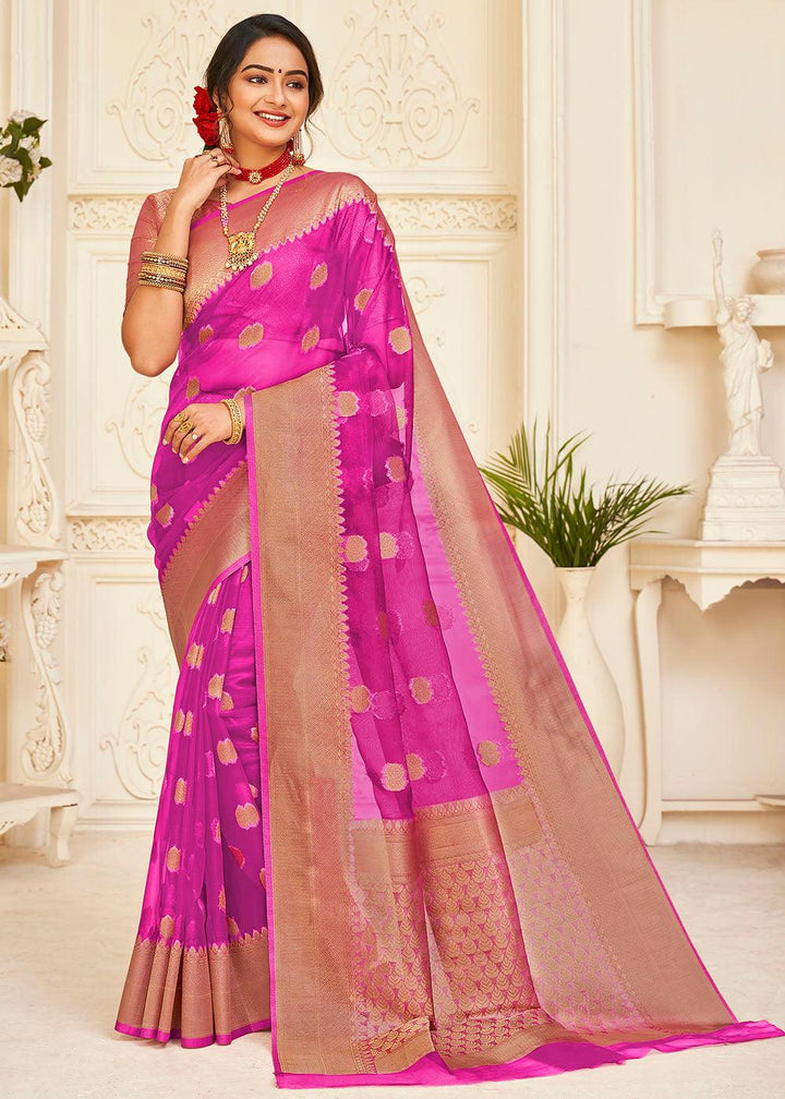 Fandango Purple Zari Woven Organza Silk Saree | Stitched Blouse - qivii