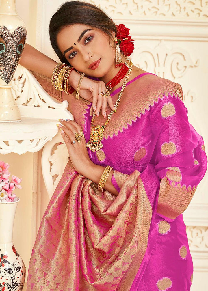 Fandango Purple Zari Woven Organza Silk Saree | Stitched Blouse - qivii