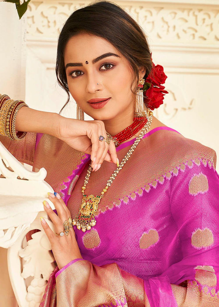 Fandango Purple Zari Woven Organza Silk Saree | Stitched Blouse - qivii