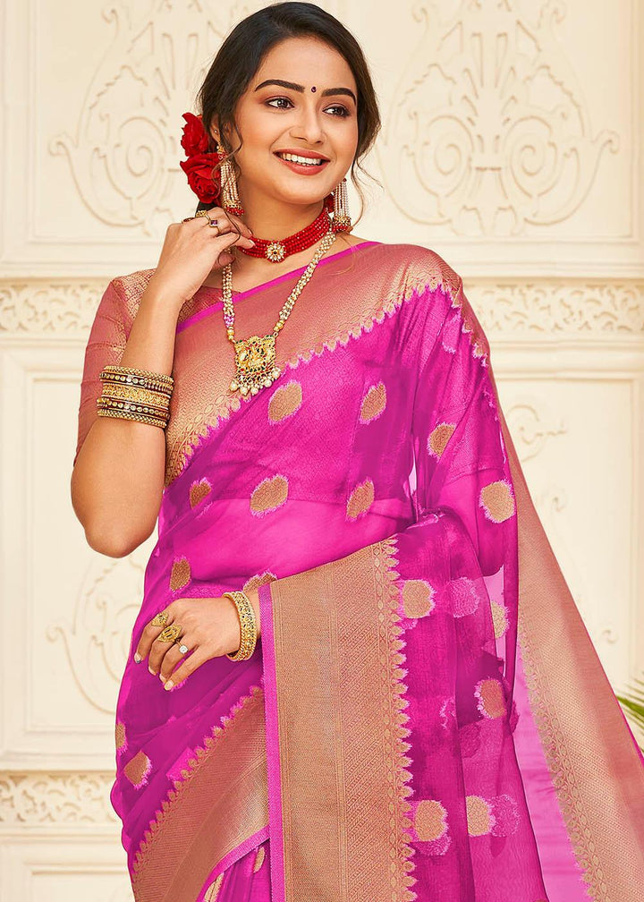 Fandango Purple Zari Woven Organza Silk Saree | Stitched Blouse - qivii