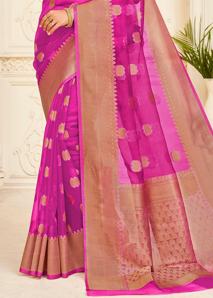 Fandango Purple Zari Woven Organza Silk Saree | Stitched Blouse - qivii