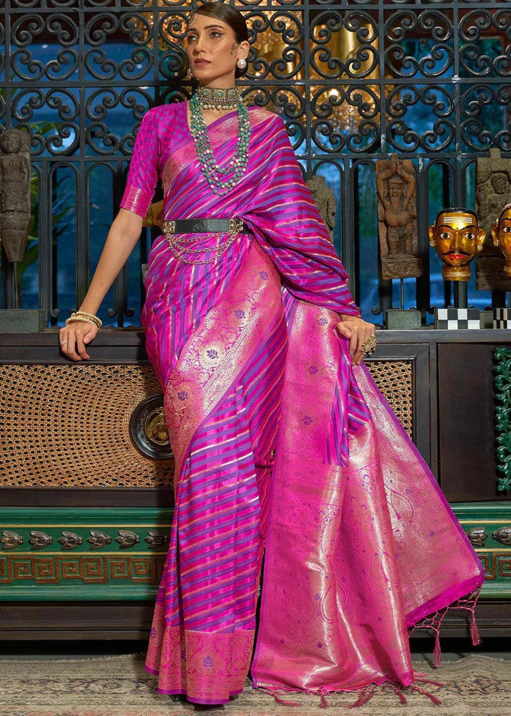 Fandango Purple Zari Woven Satin Silk Saree | Stitched Blouse - qivii