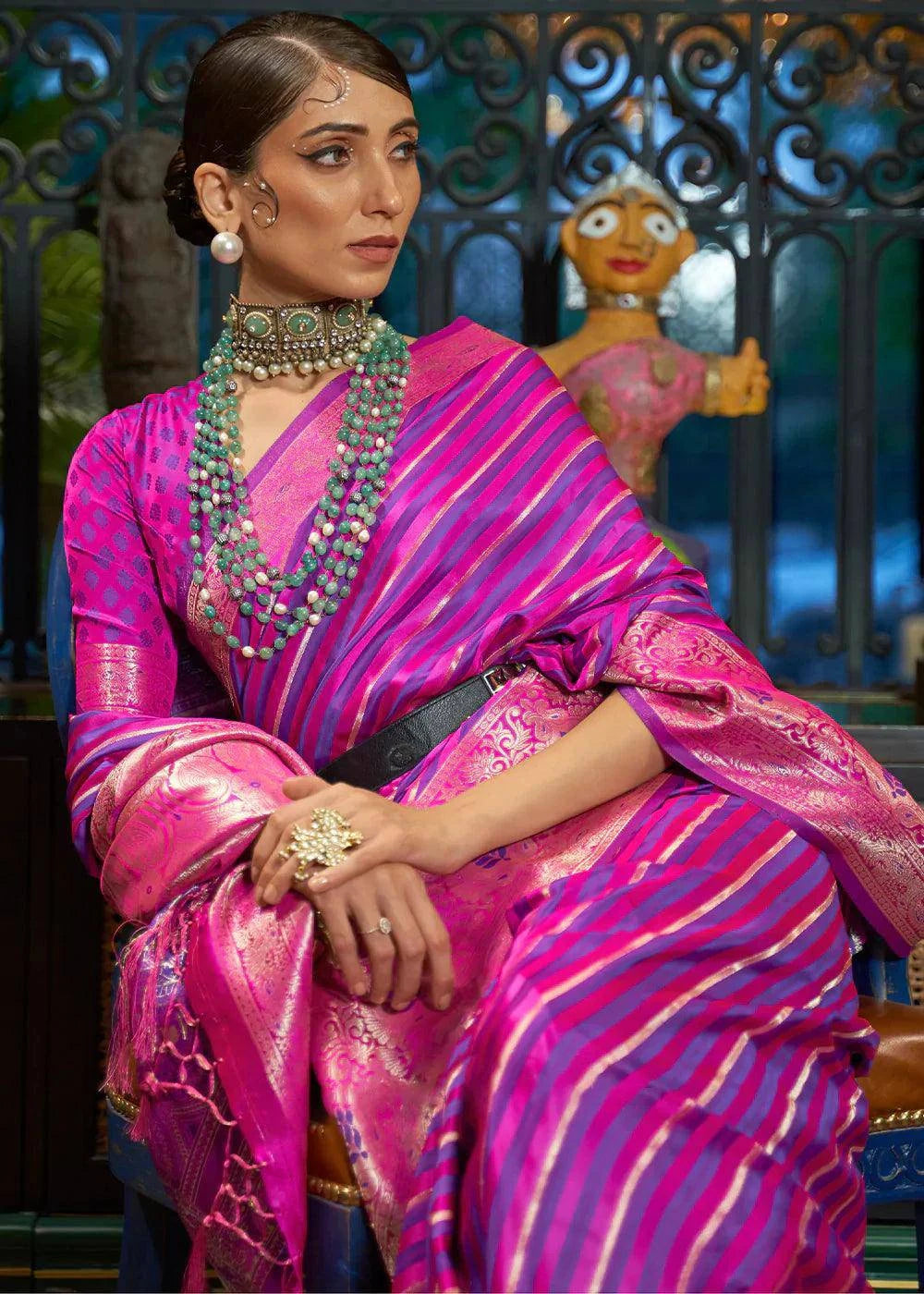 Fandango Purple Zari Woven Satin Silk Saree | Stitched Blouse - qivii