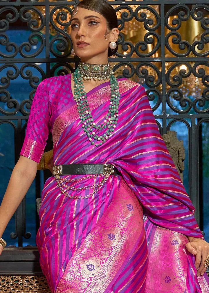 Fandango Purple Zari Woven Satin Silk Saree | Stitched Blouse - qivii