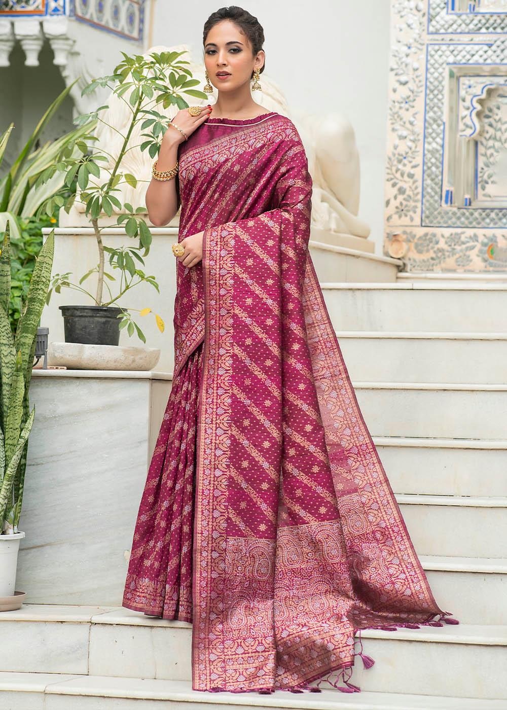 Fandango Purple Zari Woven Tussar Silk Saree with Tassels on Pallu | Stitched Blouse - qivii