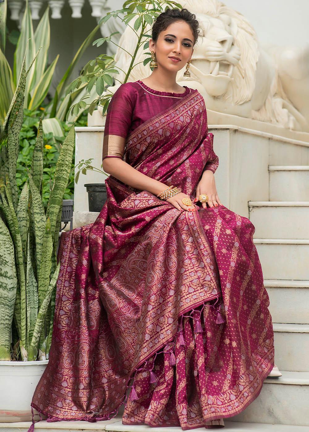 Fandango Purple Zari Woven Tussar Silk Saree with Tassels on Pallu | Stitched Blouse - qivii