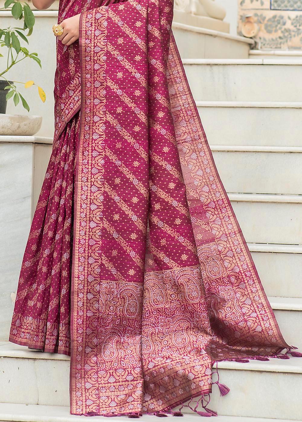 Fandango Purple Zari Woven Tussar Silk Saree with Tassels on Pallu | Stitched Blouse - qivii