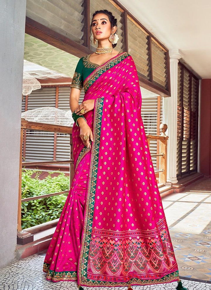 Fantastic Double Blouse Concept Embroidery Work Rani Pink Color Saree  - By Kreeva