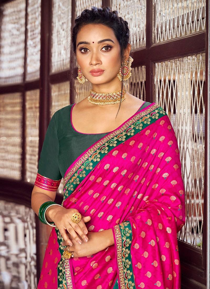 Fantastic Double Blouse Concept Embroidery Work Rani Pink Color Saree  - By Kreeva