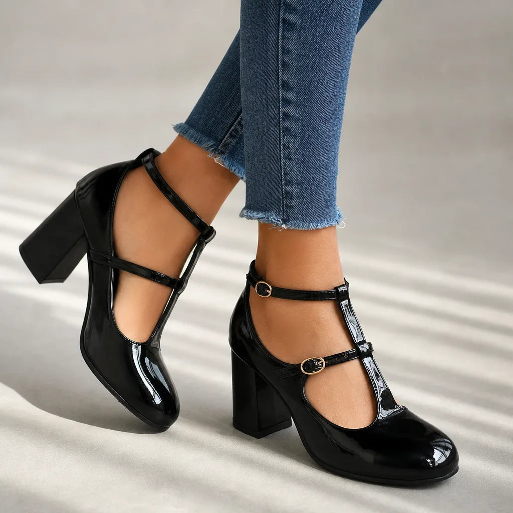 Black Faraday women's orthopedic ankle-strap Mary Jane heels by Hudson Ridge, stylish and supportive footwear for women.