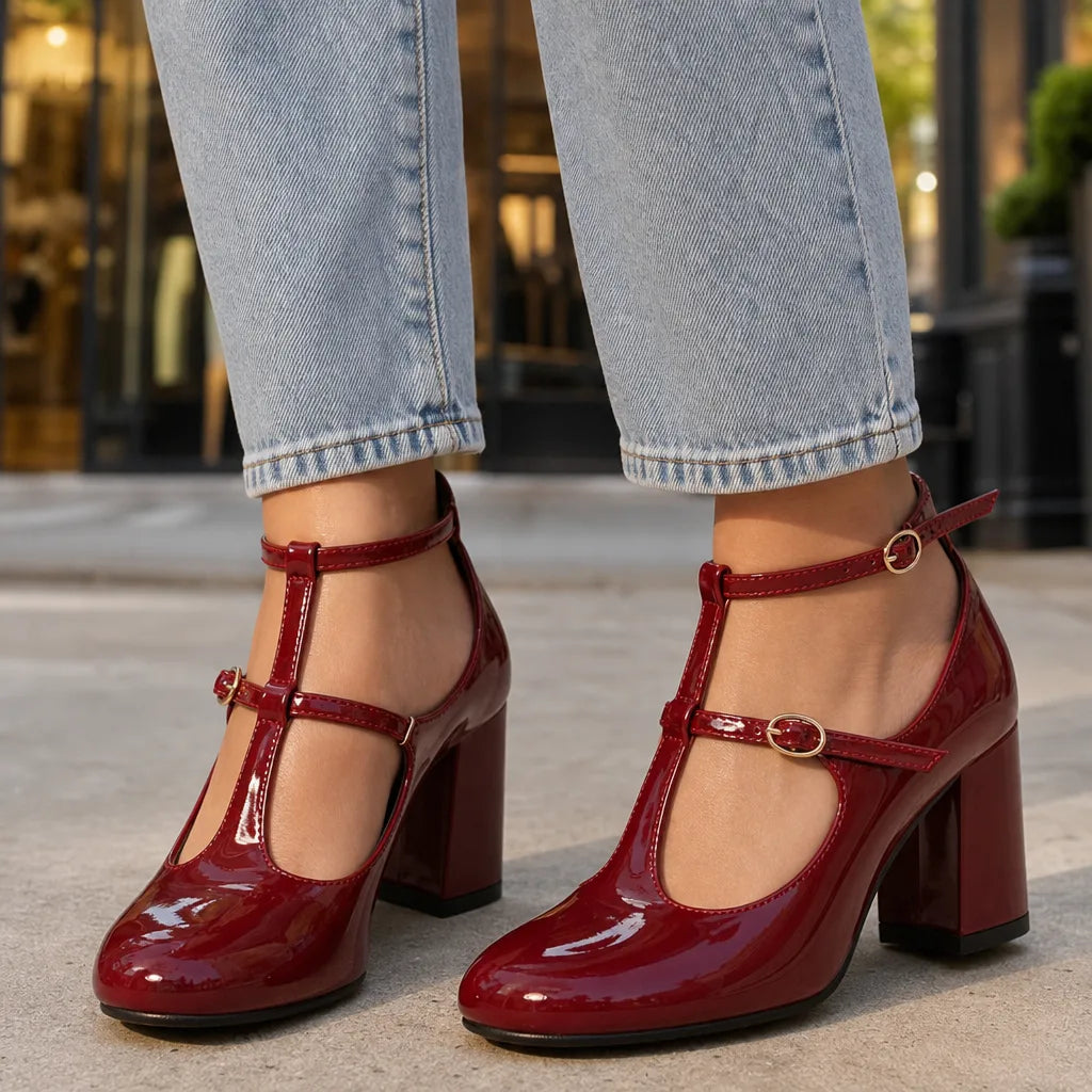 Faraday women's orthopedic ankle-strap Mary Jane heels in burgundy by Hudson Ridge, featuring supportive design and stylish footwear.