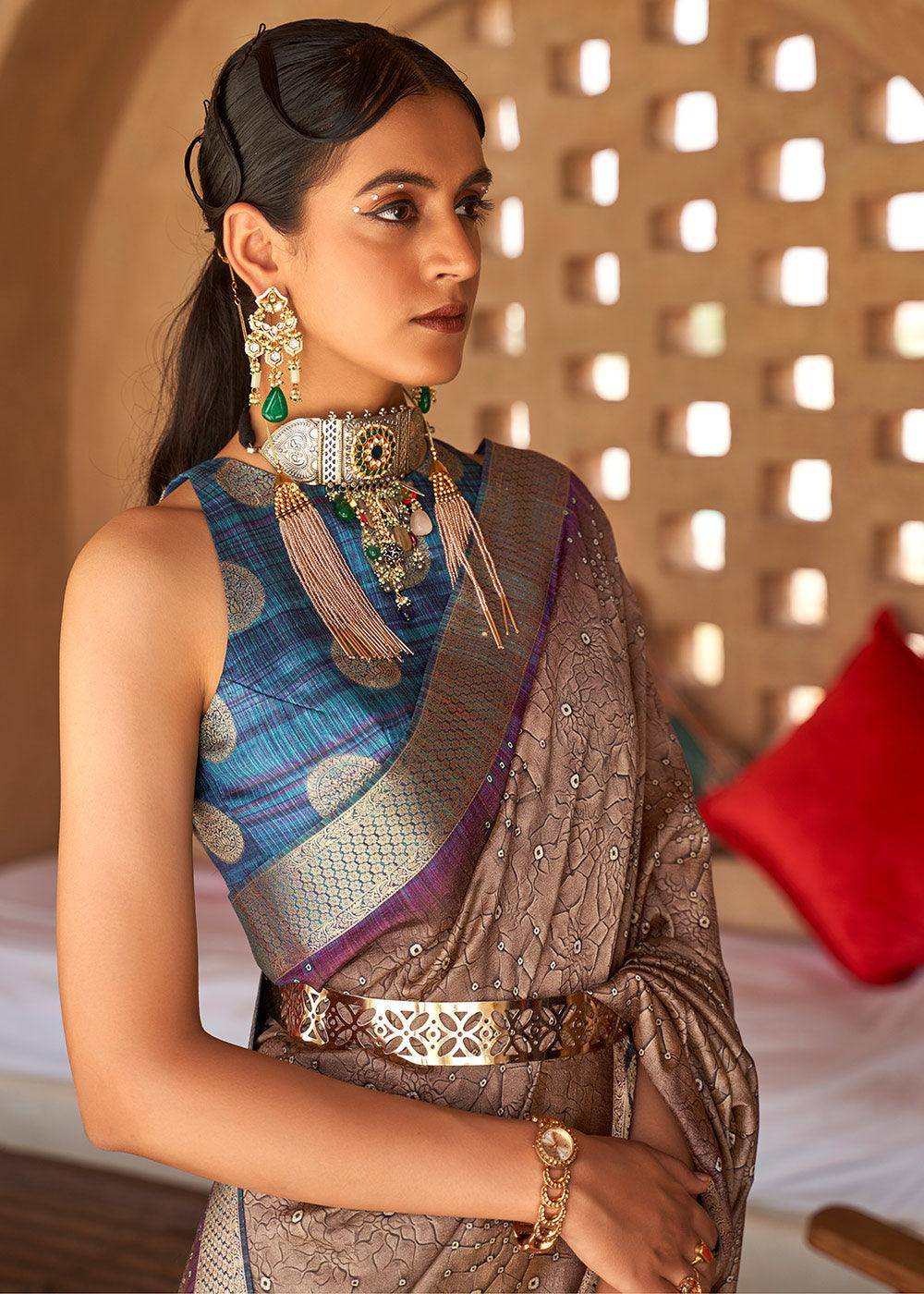 Fawn Brown Bandhani Design Silk Saree with Jacquard Border & Pallu | Stitched Blouse - qivii