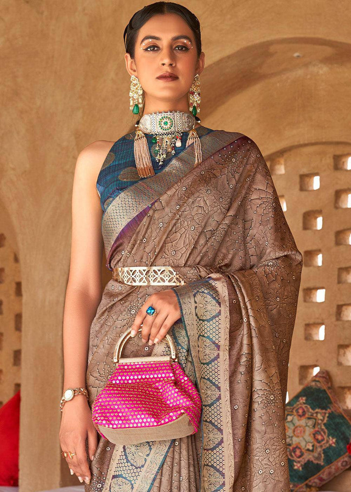 Fawn Brown Bandhani Design Silk Saree with Jacquard Border & Pallu | Stitched Blouse - qivii