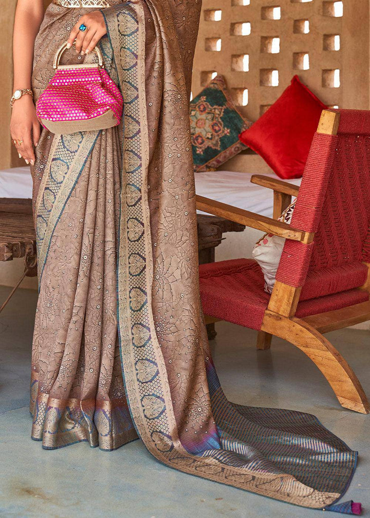 Fawn Brown Bandhani Design Silk Saree with Jacquard Border & Pallu | Stitched Blouse - qivii