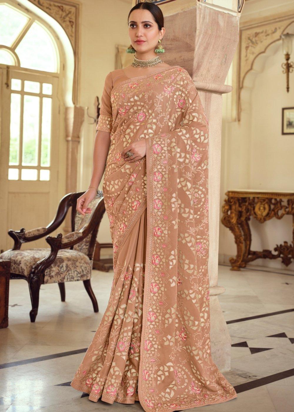 Fawn Brown Designer Satin Georgette Saree with Gota & Resham work | Stitched Blouse - qivii