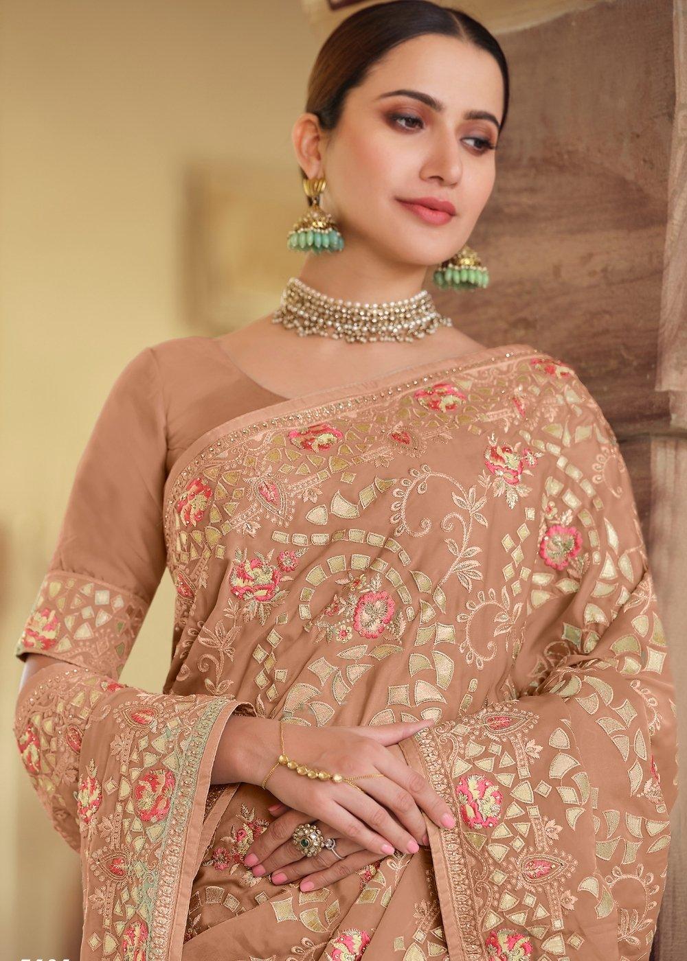 Fawn Brown Designer Satin Georgette Saree with Gota & Resham work | Stitched Blouse - qivii