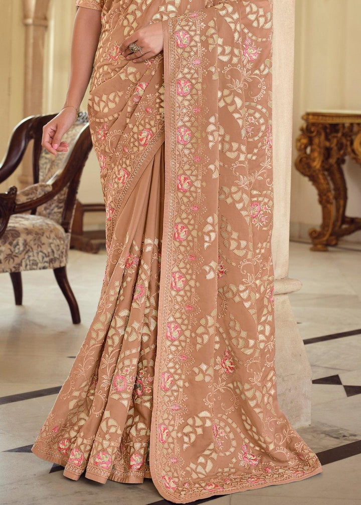 Fawn Brown Designer Satin Georgette Saree with Gota & Resham work | Stitched Blouse - qivii