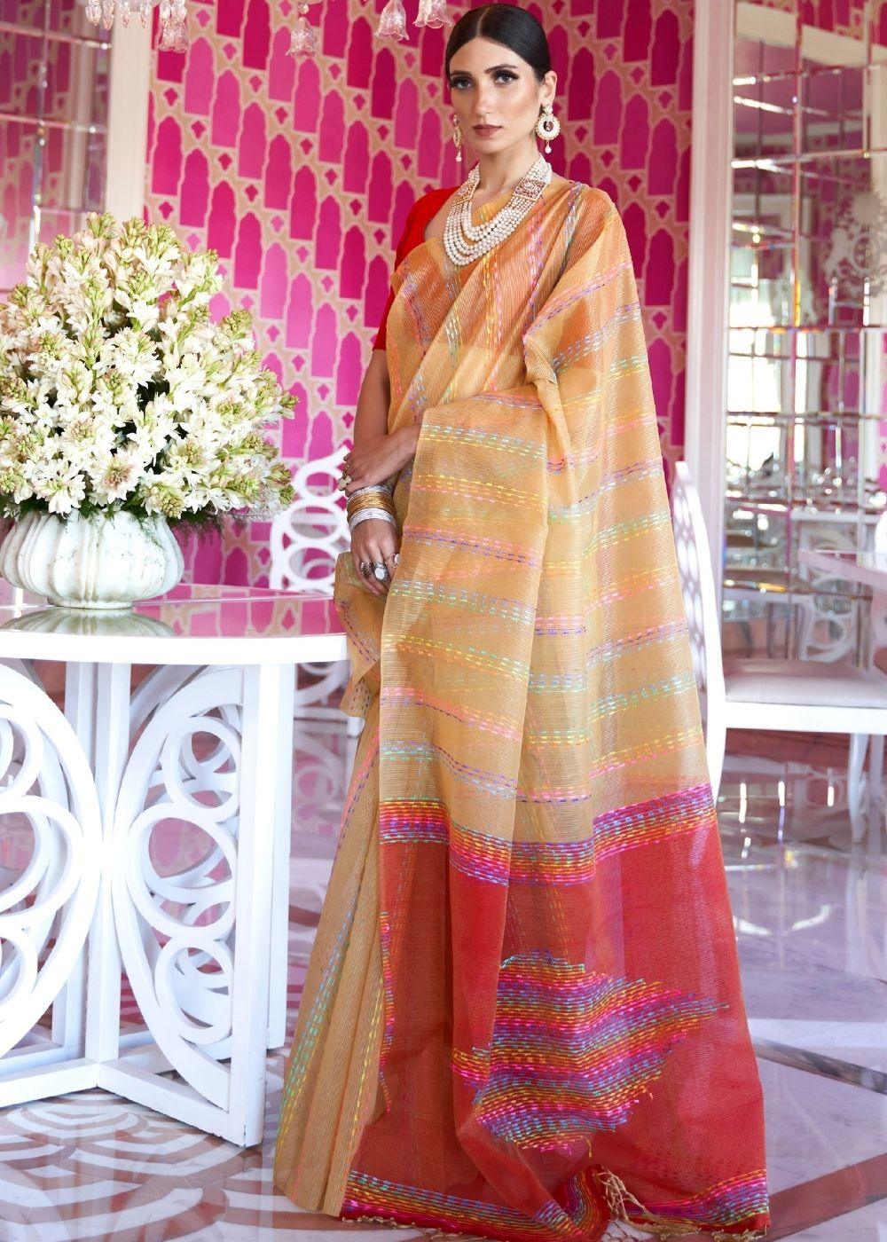 Fawn Silk Multithread Weaving Saree | Stitched Blouse - qivii