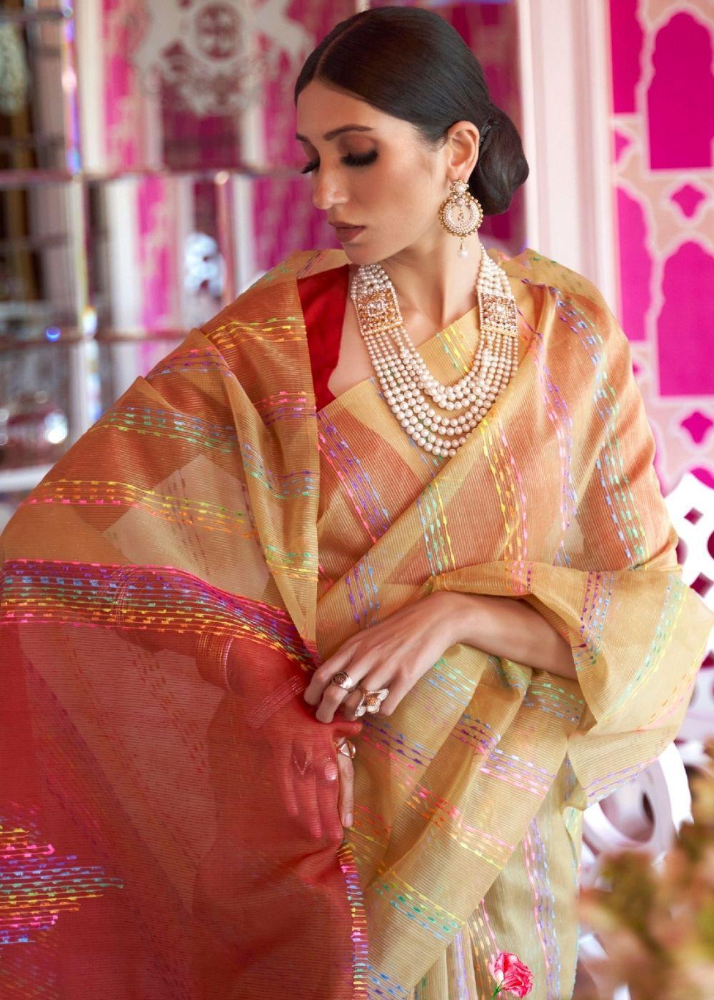 Fawn Silk Multithread Weaving Saree | Stitched Blouse - qivii