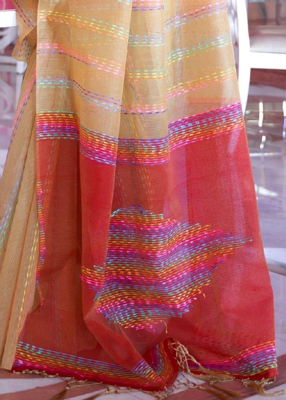 Fawn Silk Multithread Weaving Saree | Stitched Blouse - qivii