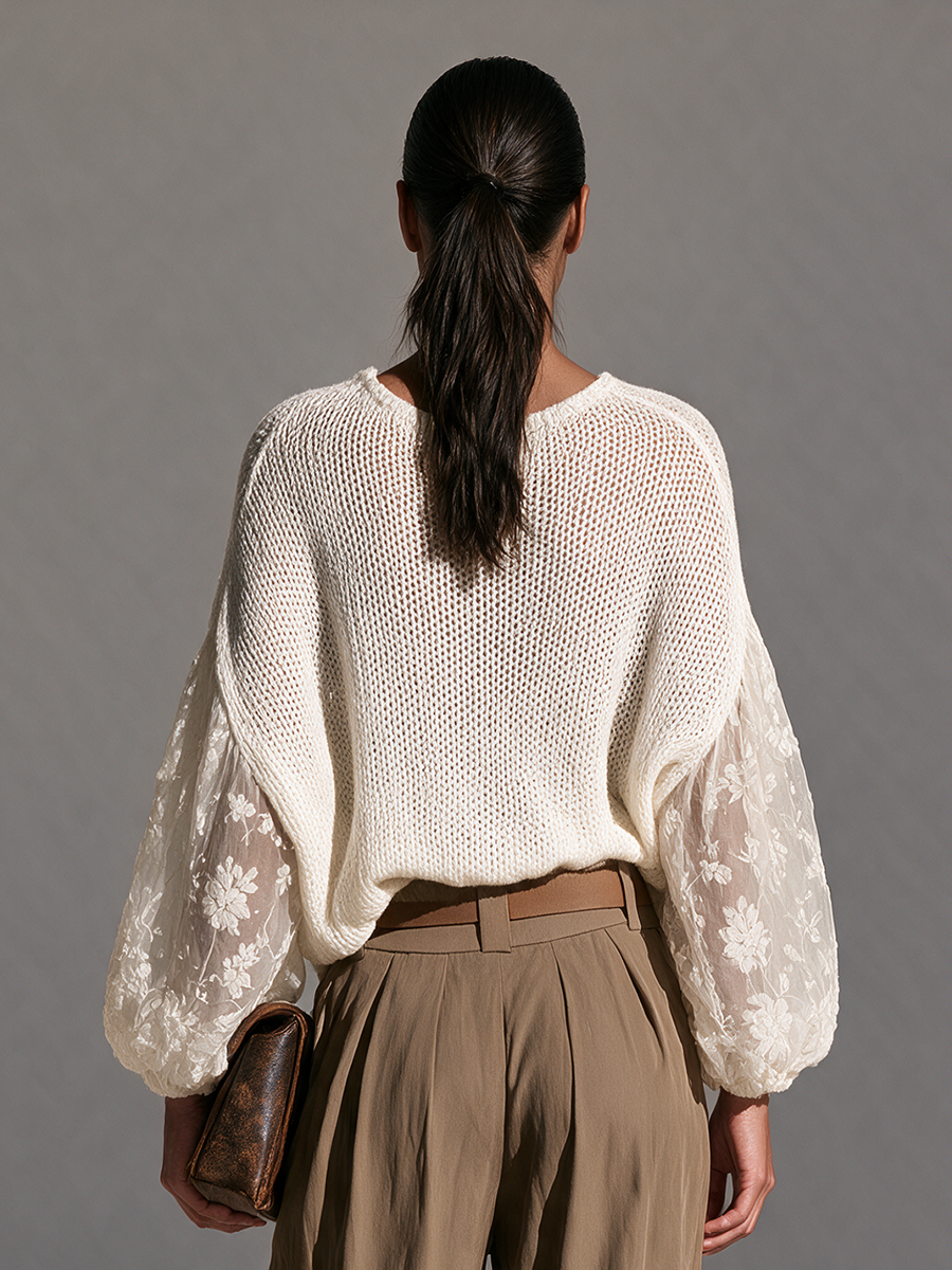 Women's V-Neck Open-Knit Lace-Panel Balloon-Sleeve Relaxed Wool-Knit Top MDZ0433I9CMX